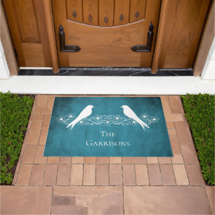 Blue Lovebirds Floral Vine Personalised Doormat