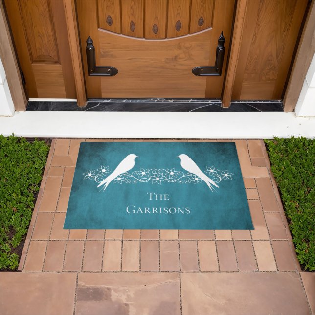 Blue Lovebirds Floral Vine Personalised Doormat (Outdoor)