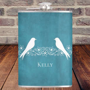 Blue Lovebirds Floral Vine Personalised Flask