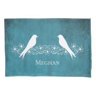 Blue Lovebirds Floral Vine Pillowcase