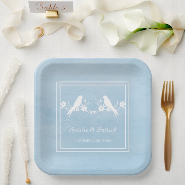 Blue Lovebirds Floral Wedding Paper Plates (Wedding)