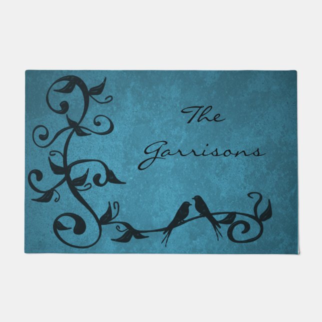 Blue Lovebirds Personalised Doormat (Front)