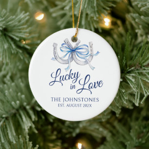 Blue lucky in love horseshoe wedding photo ceramic tree decoration