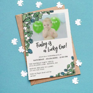 Blue Lucky One Four Leaf Clover 1st Birthday Party Invitation
