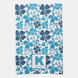 Blue Lucky Shamrock Clover Pattern Monogrammed Tea Towel