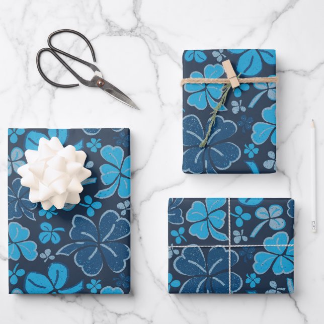 Blue Lucky Shamrocks Clover St. Patrick`s Day Wrapping Paper Sheet (Front)