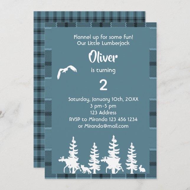 Blue lumberjack 2nd birthday party invitation boy (Front/Back)
