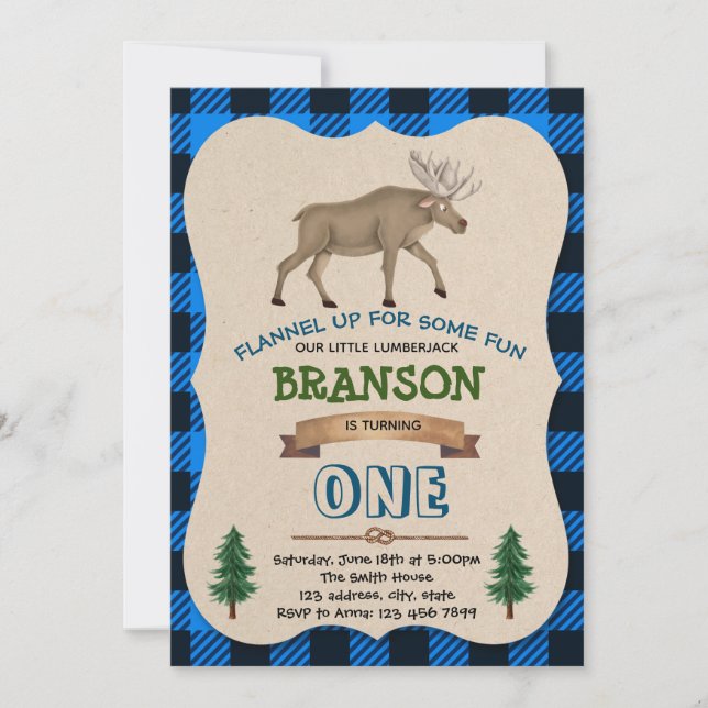 Blue lumberjack moose birthday party invitation (Front)