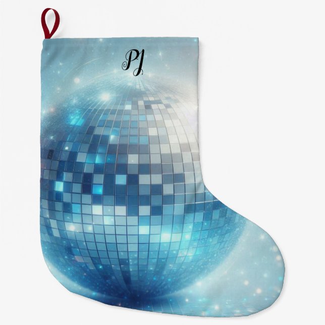 Blue Luminous Disco Ball Initials  Large Christmas Stocking (Front)