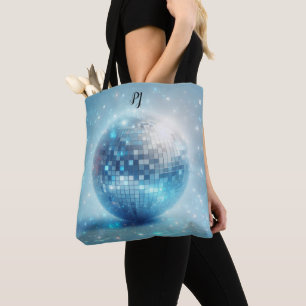 Blue Luminous Disco Ball Initials Tote Bag