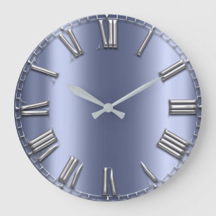 Blue Lux Grey Metallic Grey Silver Roman Numbers Large Clock