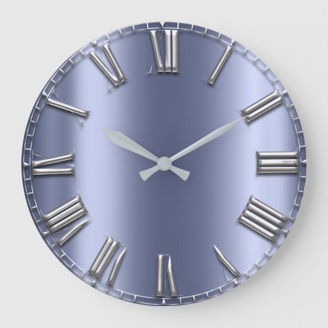 Blue Lux Grey Metallic Grey Silver Roman Numbers Large Clock (Front)