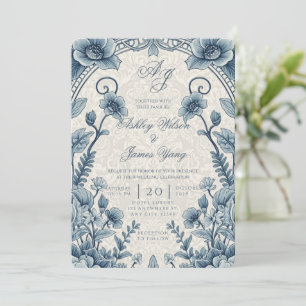 Blue Luxurious Floral Botanical Wedding Invitation