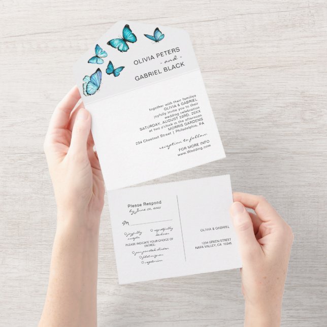 Blue luxury butterflies. Elegant airy Wedding All In One Invitation (Tearaway)