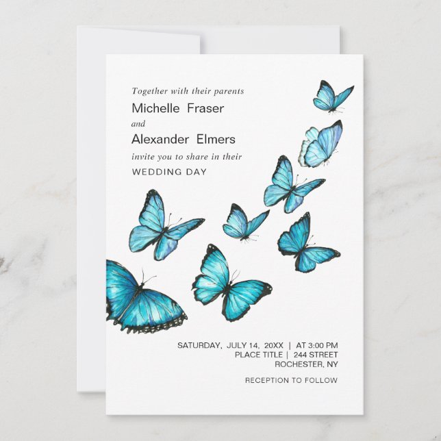 Blue luxury butterflies. Elegant airy Wedding Invitation (Front)