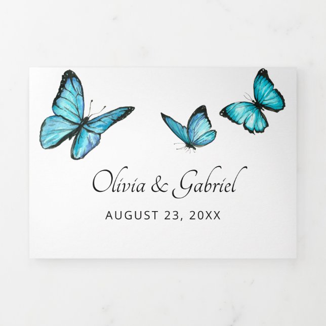 Blue luxury butterflies. Elegant airy Wedding Tri-Fold Invitation (Cover)