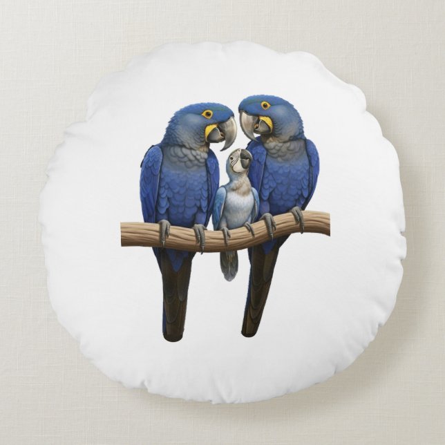 Blue macaw and jacaranda flowers round cushion (Front)