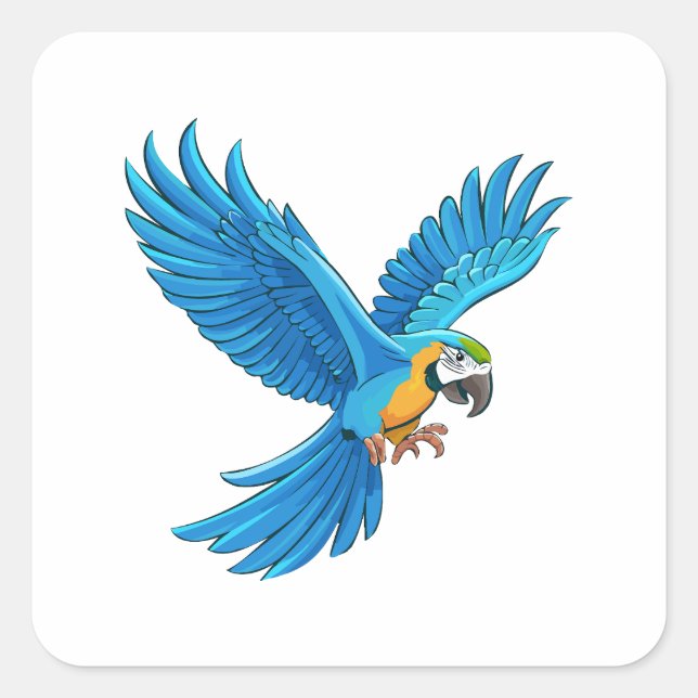 Blue macaw flying square sticker (Front)