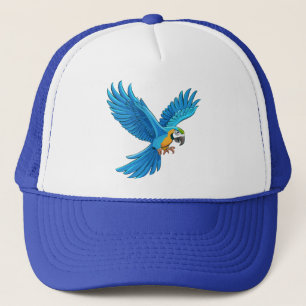 Blue macaw flying trucker hat