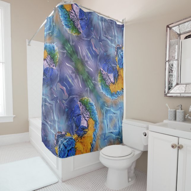 Blue Macaw Playful Parrot Artsy Shower Curtain (In Situ)