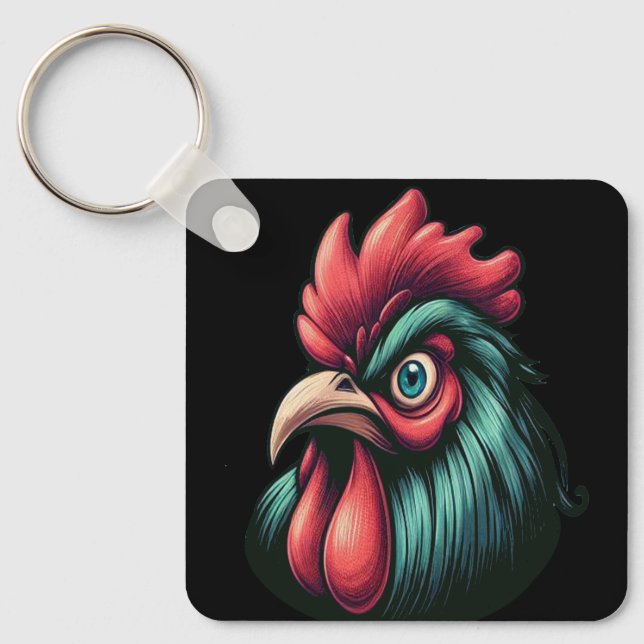"Blue Mad Blue Rooster" Aluminum Keychain (Front)