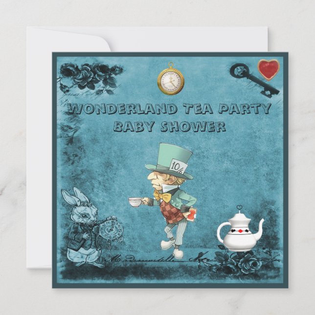 Blue Mad Hatter Wonderland Tea Party Baby Shower Invitation (Front)
