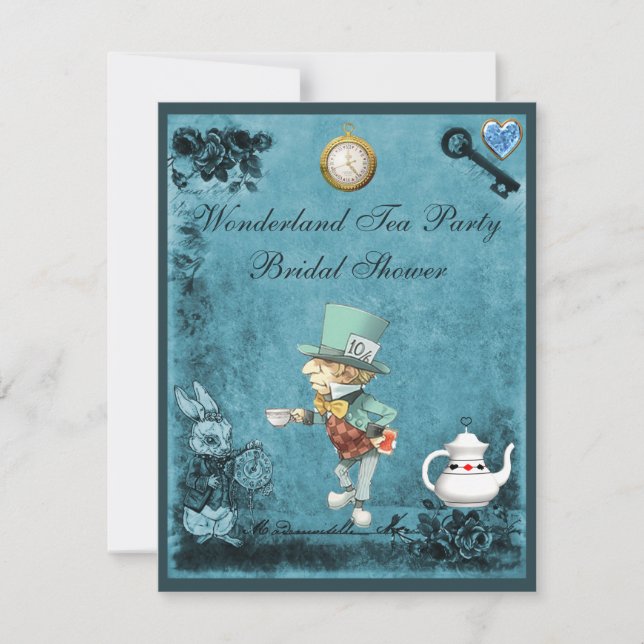 Blue Mad Hatter Wonderland Tea Party Bridal Shower Invitation (Front)