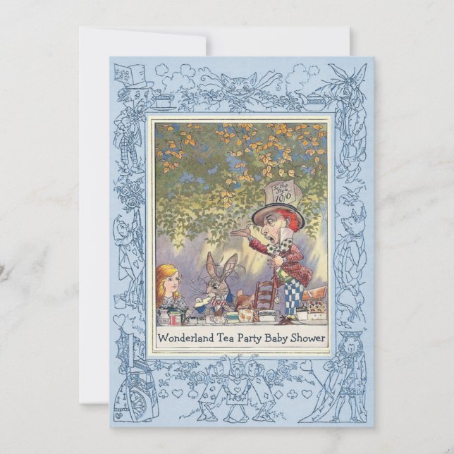 Blue Mad Hatter's Wonderland Tea Party Baby Shower Invitation (Front)