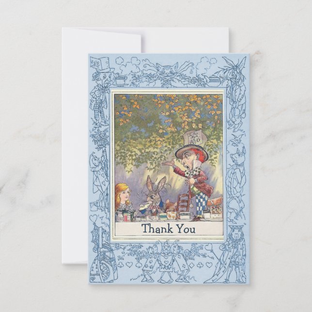 Blue Mad Hatter's Wonderland Tea Party Thank You Card (Front)