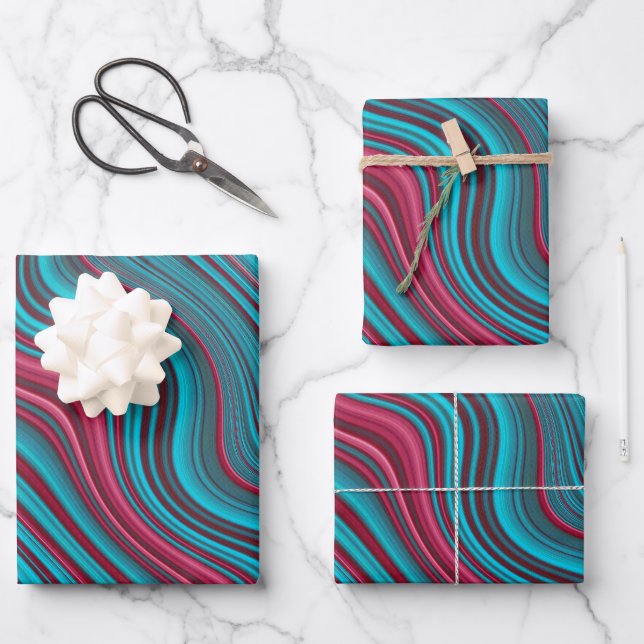 Blue & Magenta Wavy Marbling Agate Abstraction Wrapping Paper Sheet (Front)
