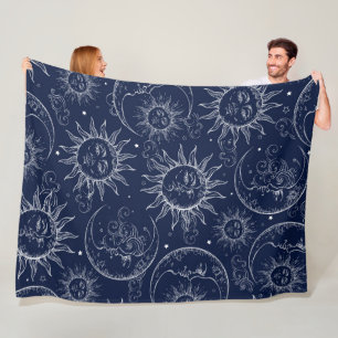 Blue Magic Vintage Celestial Sun Moon Stars Fleece Blanket