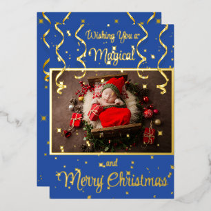 Blue Magical Photo Merry Christmas Greeting Foil Holiday Card