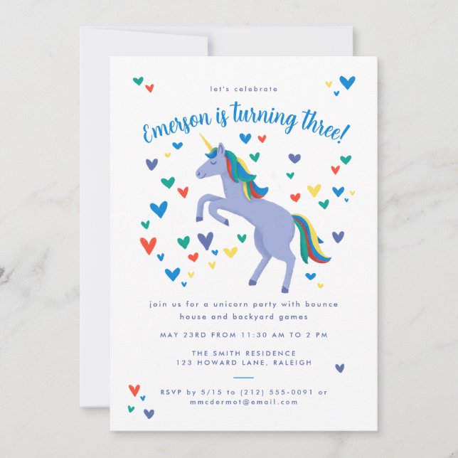 Blue Magical Rainbow Unicorn Birthday Invitation (Front)