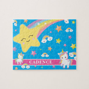 Blue Magical Rainbow Unicorn Personalised Kids Jigsaw Puzzle