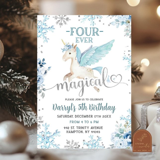 Blue Magical Unicorn Winter 4ever Birthday Invitation (Creator Uploaded)