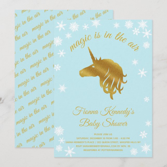 Blue Magical Unicorn Winter Baby Shower Invitation (Front/Back)