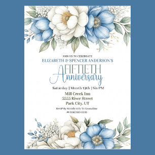 Blue Magnolia and Peony 50th Wedding Anniversary Invitation