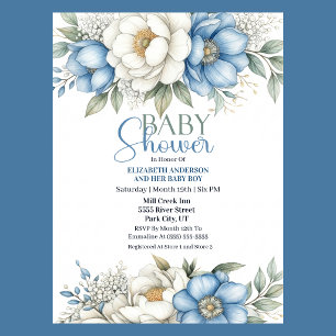 Blue Magnolia and Peony Flower Boy Baby Shower Invitation