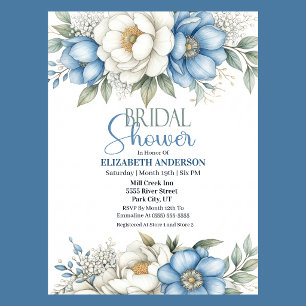 Blue Magnolia and Peony Flower Bridal Shower Invitation
