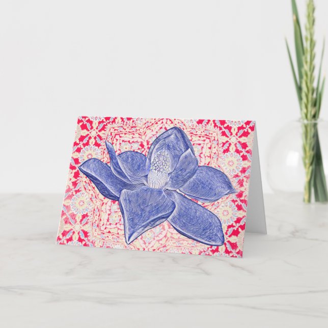 Blue Magnolia Flower Vintage Style Note Card (Front)