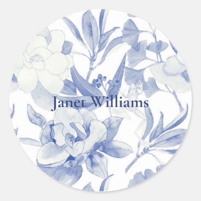 Blue magnolias classic round sticker (Front)