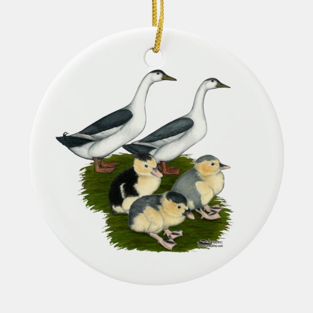 Blue Magpie Duck Family Ceramic Tree Decoration (Front)