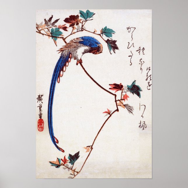 Blue Magpie on Maple Branch by Hiroshige Poster (Front)