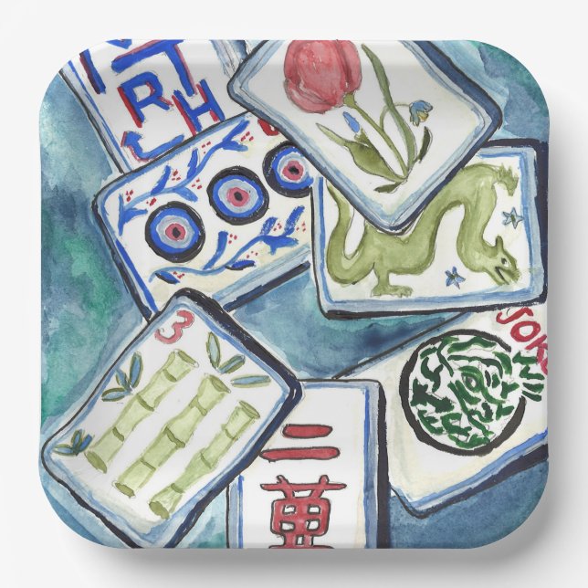 Blue Mahjong Tiles  Paper Plate (Front)