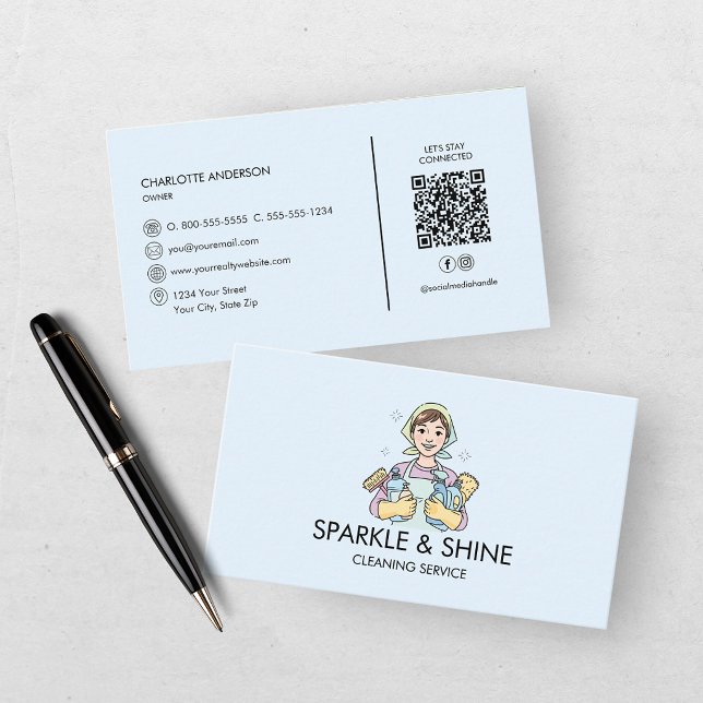 Blue Maid House Cleaning Service QR Code Business Card (Creator Uploaded)
