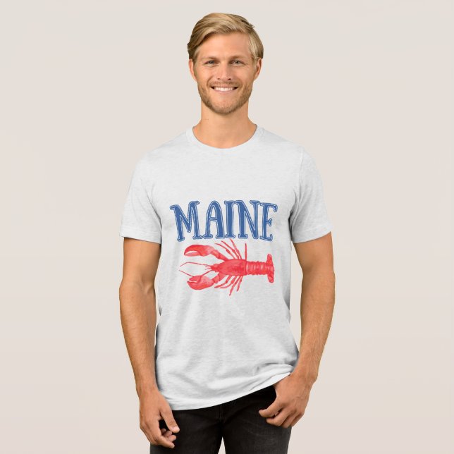 Blue Maine Text Red Watercolor Lobster Tri-Blend Shirt (Front Full)