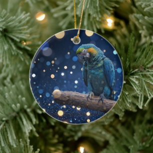 Blue Majesty: The Blue Macaw On Dreamy Blue Bokeh, Ceramic Tree Decoration