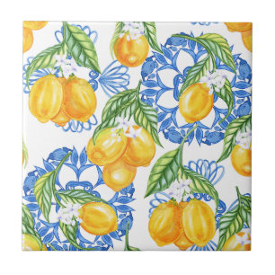Blue Majolica Tile and Watercolor Lemons