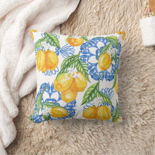 Blue Majolica Tile and Watercolor Lemons Cushion