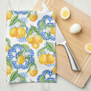 Blue Majolica Tile and Watercolor Lemons Tea Towel
